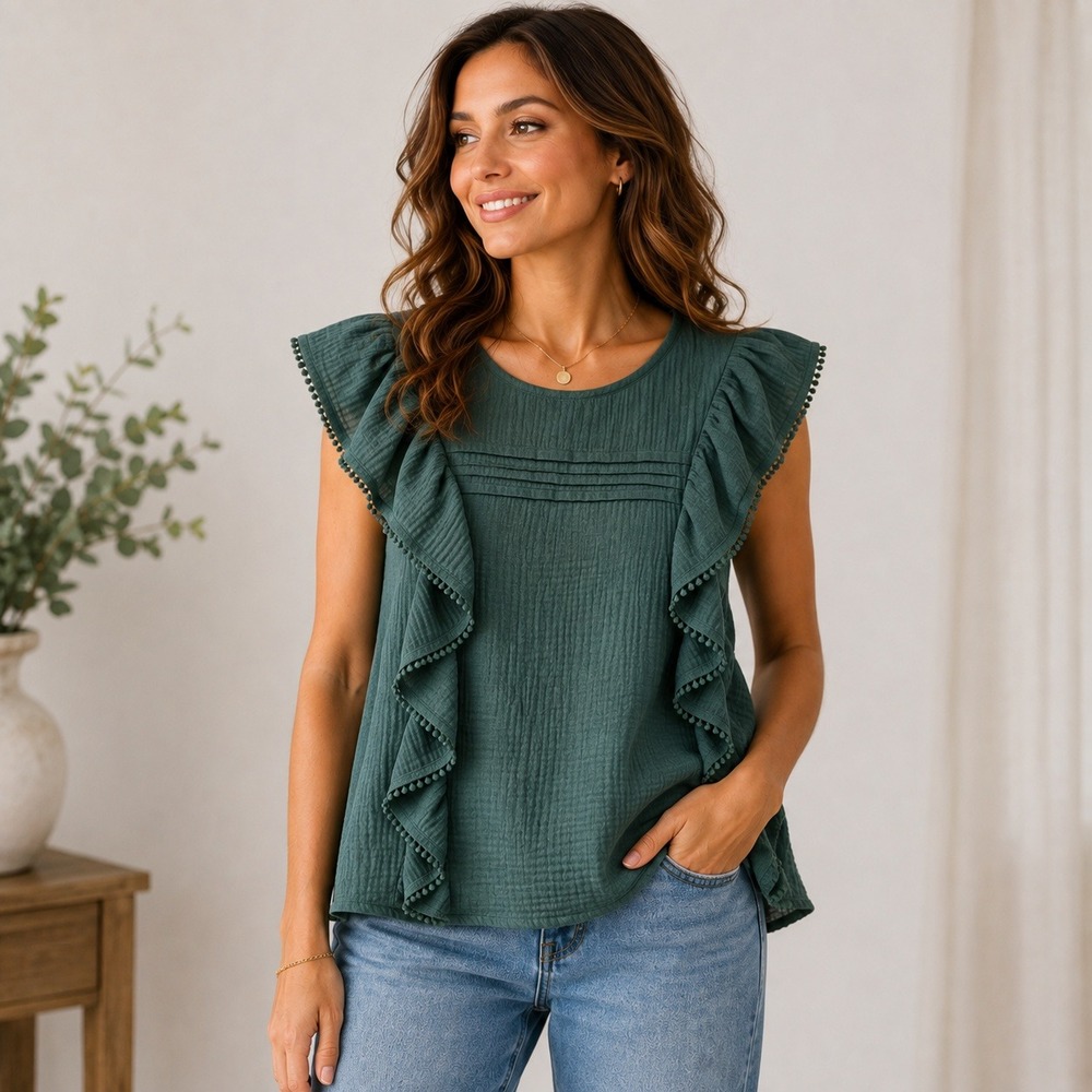 Easel Ruffle Gauze Sleeveless Blouse Romantic Pom Pom Trim Large Green Boho